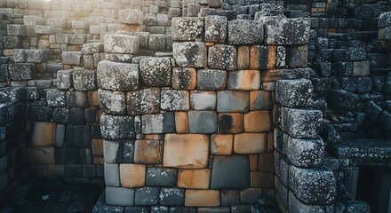 Ancient stone wall texture with sunlight and shadows.