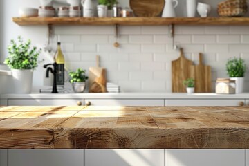 Fototapeta premium Wooden light empty table top in modern white kitchen, kitchen panel in interior. Template showcase scene for advertising products