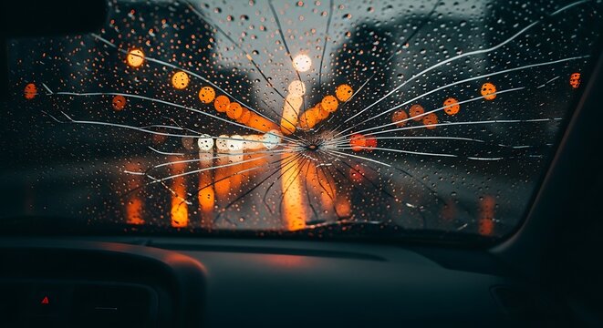 Cracked windshield on a rainy night