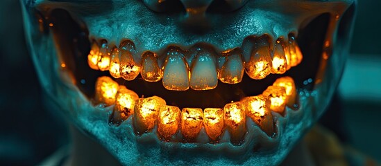 Where Fire Meets Frost: A Macabre Grin of Glowing Embers in a Decaying Blue Jaw