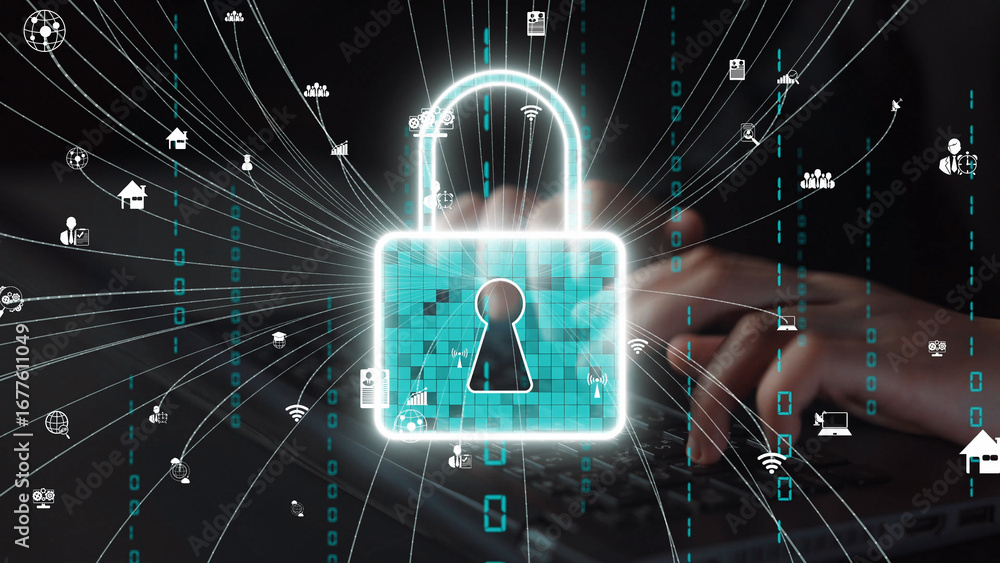 Poster this image illustrates a digital security concept featuring a lock symbol with data flow, representi