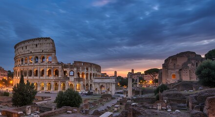 Fototapeta premium Ancient Rome's Colosseum and Roman Forum under a Twilight Sky casting shadows on the ruins