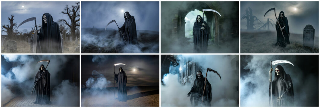 Grim reaper with scythe in misty graveyard death cemetery