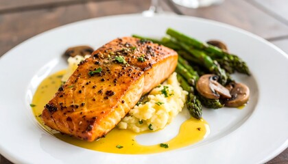 Grilled salmon with asparagus and mashed potatoes