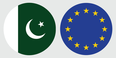 Pakistan and European Union Flags , Round Icon Design on Grey Background