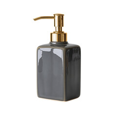 Obraz premium Gray ceramic soap dispenser with gold pump on transpart background