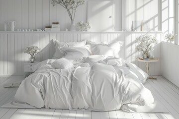 White luxury bedroom interior, wall mockup, 3d render