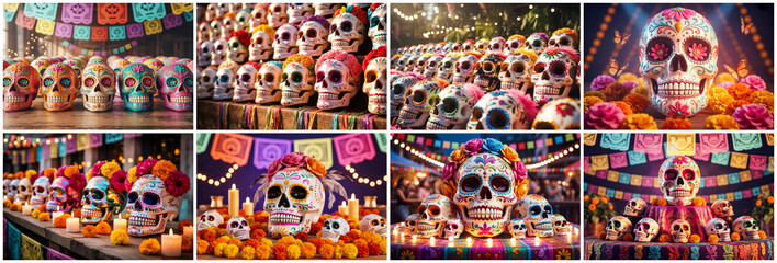Fototapeta premium Sugar skulls decorated with flowers and candles day of the dead