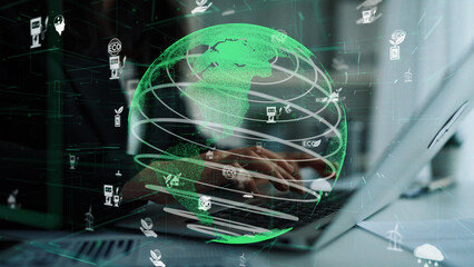A creative representation of a green globe highlighting sustainability concepts in a modern workspace, showcasing the fusion of technology and environmental awareness. Xenic