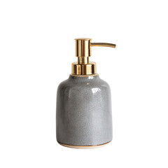 Obraz premium Gray ceramic soap dispenser with gold pump on transpart background
