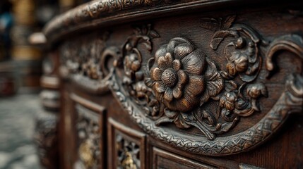 Detailed photo of carved wooden furniture detail with floral motifs and polished surface, highlighting artisanal woodworking, traditional craftsmanship, and antique design.