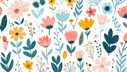 Obraz premium A cheerful and colorful floral pattern, featuring various flowers and foliage in pastel and vibrant shades, set against a plain white background.