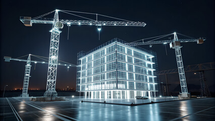 Futuristic building under construction at night with glowing scaffolding and multiple cranes illuminated by artificial lights perfect for architecture firms and smart city concepts