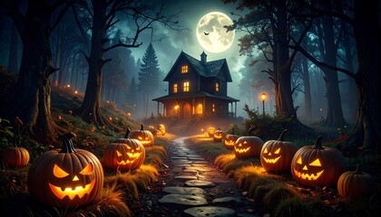 A spooky, haunted house nestled in a dark forest, illuminated by jack-o'-lanterns, glows under a full moon.