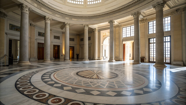 Wide angle shot of elegant neoclassical rotunda with marble floor and columns lit by natural sunlight perfect for historical architecture visuals, cultural publications and education