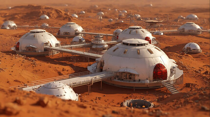 A futuristic Martian colony with interconnected domed habitats nestled in the red, rocky terrain.