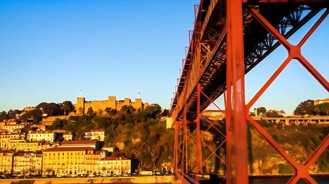 A vibrant cityscape view of a historic fortress, nestled within a lush landscape, with a majestic red bridge in the foreground.