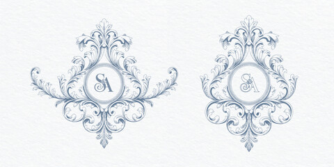 Elegant baroque wedding invitation monogram frame. Antique decorative victorian wedding frame illustration. © Joydeb