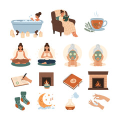 High-Quality Flat Vector Illustrations: Cozy Self-Care Routine, Relaxation, Wellness