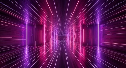Fototapeta premium Abstract futuristic neon tunnel with glowing pink and purple light streaks. Immersive sci-fi wallpaper design with speed motion perspective and vibrant luminous energy flow.