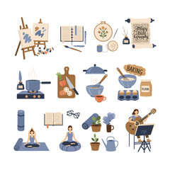Hobbies Collection:  Painting, Baking, Yoga, Music, and Crafts in Flat Style