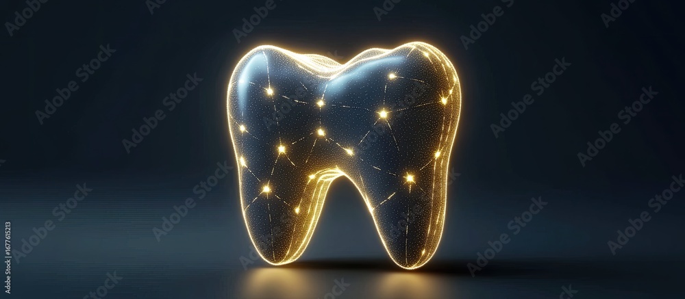 Poster luminous digital tooth: abstract 3d render of illuminated dental structure