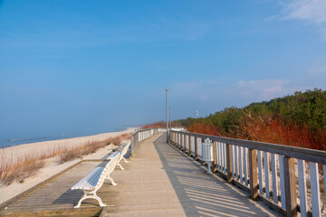 beautiful promenade with benches on the Baltic Sea coast, Dziwnow, Poland © Svitlana