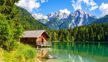 Naklejka premium A serene wooden cabin rests peacefully on a tranquil lake, nestled amidst lush greenery and towering snow-capped mountains, showcasing a picturesque landscape bathed in sunlight.