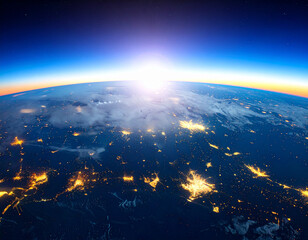 Fototapeta premium View of Planet Earth from space during a brilliant sunrise, with glowing city lights and communication networks visible on the surface