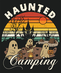 Haunted camping scene with ghosts playing guitar and tents