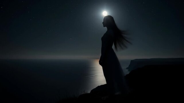 Serene Moonlight Silhouette - The silhouette of a woman in a flowing dress stands on a cliff overlooking a tranquil ocean at night.