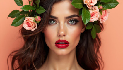 Naklejka premium A stunning woman with a flower crown and vibrant red lipstick, a portrait of beauty and grace.