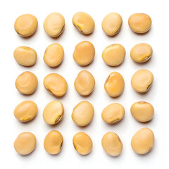 Close-up of dried lupin beans neatly arranged on a white background, showcasing their smooth texture