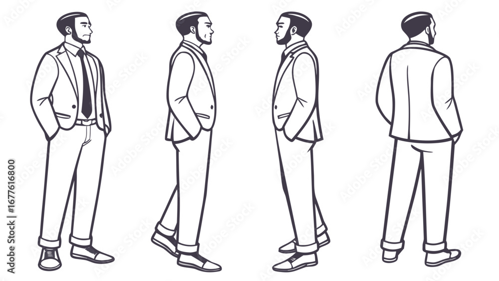 Poster four line drawings of a man in a suit in different poses and angles on a white background design cre