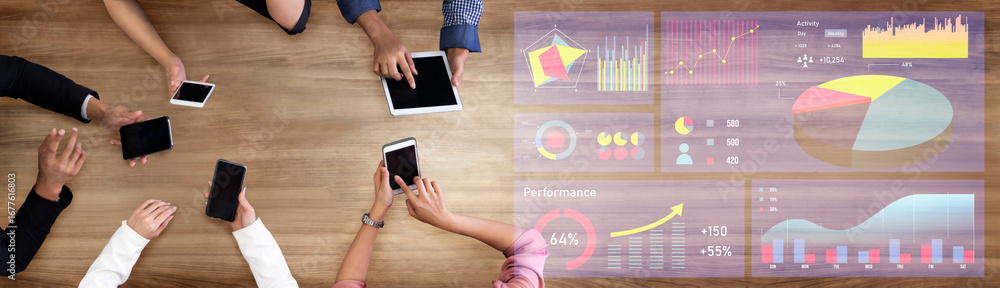 Poster a dynamic business team engages with data analysis using various digital devices in a modern office 