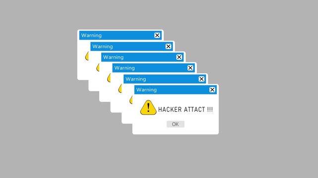 Hacker attact animation of a web browser window with hacker attact warning alert on dark white background. Web hacking icon animation on solid background.