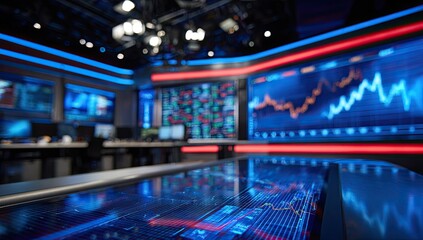 Broadcast studio with financial data displays