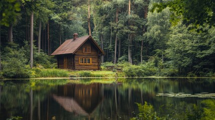 Obraz premium A serene wooden cabin nestled in lush greenery, reflecting in a tranquil pond surrounded by tall trees.