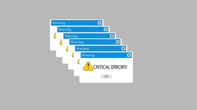 Critical error animation of a web browser window with critical error warning alert on dark white background. Glowing error animation on solid background.