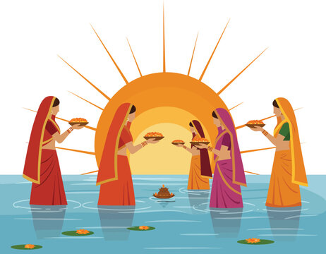 Hindu Women Offering Prayer to the Sun God at Sunrise or Sunset, Religious Chhath Puja Festival of Devotion and Gratitude.