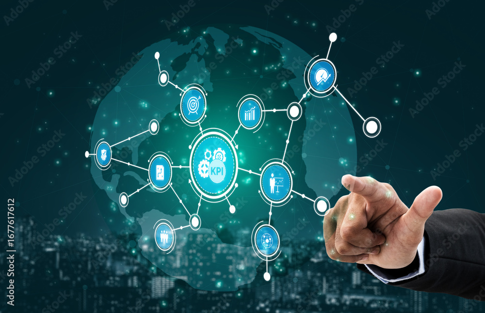 Aufkleber a businessman analyzes key performance indicators on a vibrant digital interface, highlighting globa