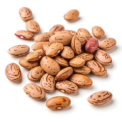 Close-up of dried pinto beans isolated on a plain white background, showcasing their speckled light brown