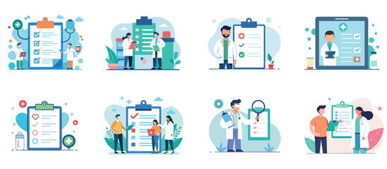 Fototapeta premium Medical Consultation Collection: A vibrant collection of flat vector illustrations depicting healthcare professionals, patients, and medical documents, highlighting diagnosis, consultation.