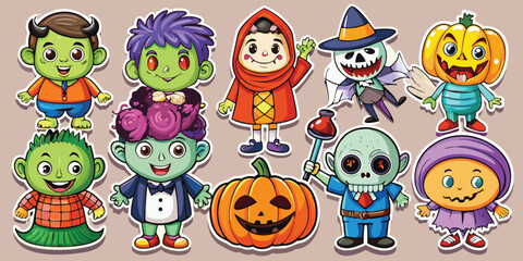 Obraz premium Happy Halloween day element background vector. Cute collection of spooky ghost, pumpkin, bat, candy, cat, skull, spider, grave, castle. Adorable halloween festival elements for decoration, prints.