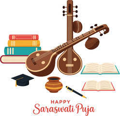 Saraswati Puja illustration with two musical Veena instruments, symbolizing arts and knowledge. Features a stack of books, ink pot, and graduation cap for education theme.