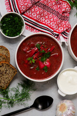 Ukrainian borscht with sour cream in bowls. top  view. .style hugge