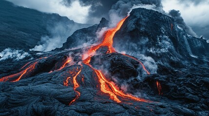 Volcanic lava flow at night with glowing streams and illuminated smoke