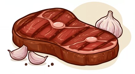 Obraz premium Grilled steak with garlic appetizing illustration