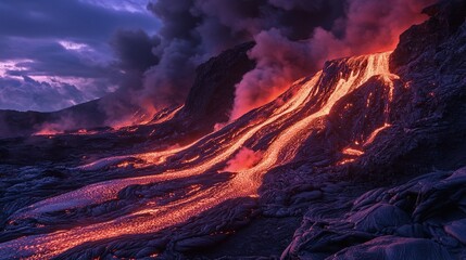 Volcanic lava flow at night with glowing streams and illuminated smoke