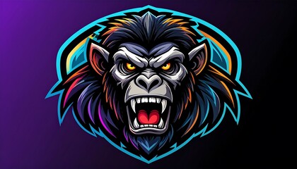 A vibrant, colorful graphic design of a gorilla head, featuring bold outlines and striking color accents.